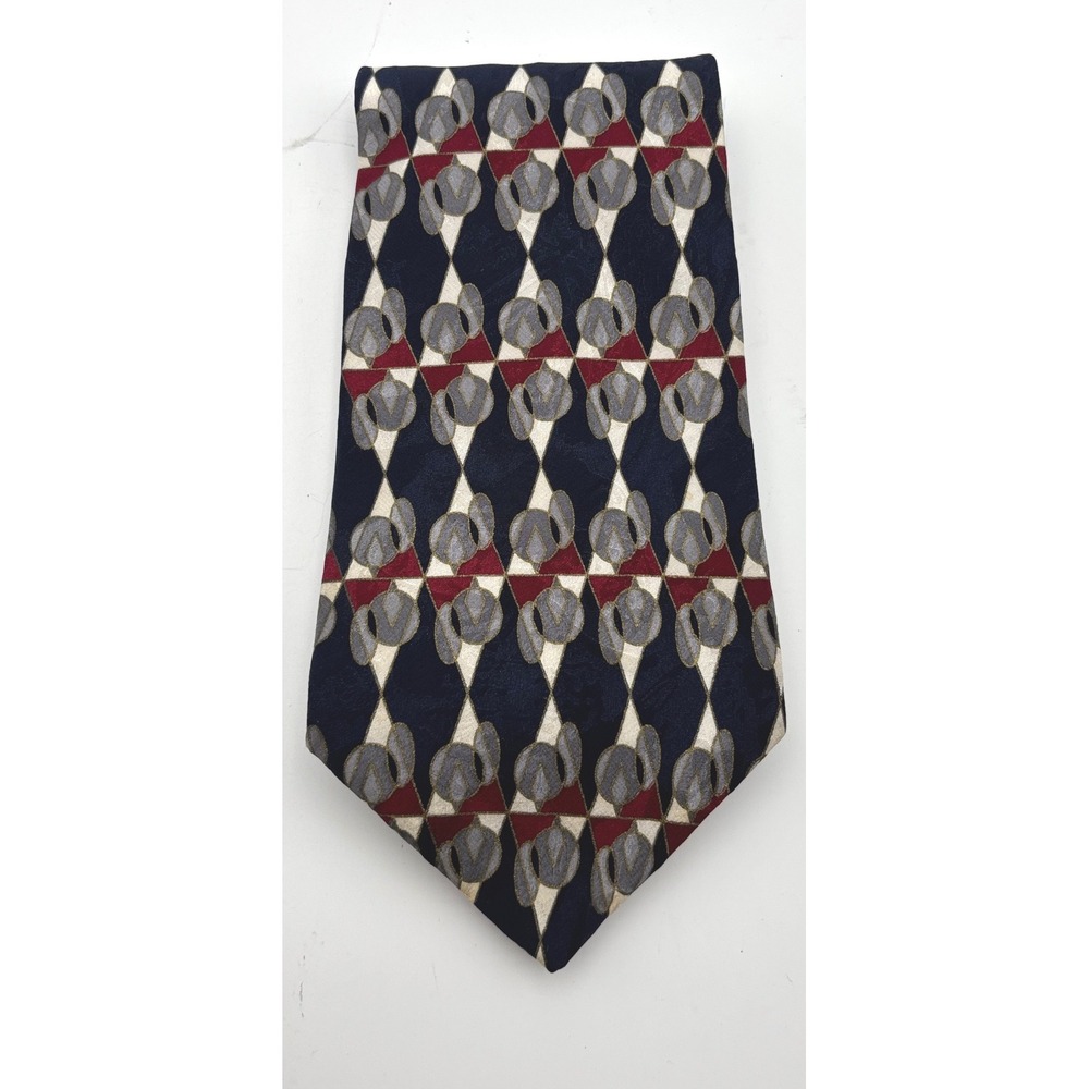 Vintage Adolfo Men's 100% Silk Necktie Navy Burgundy Gray Geometric Woven Tie